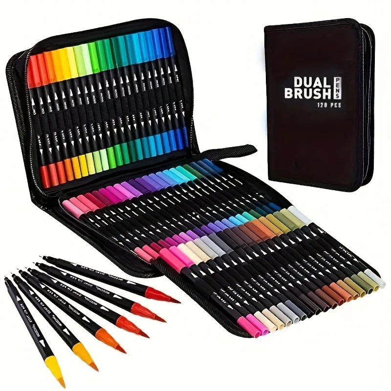 60 Colors Dual Brush Art Markers, Professional Artist Pen Set, Flexible Brush & Fine Tip, Plastic Material