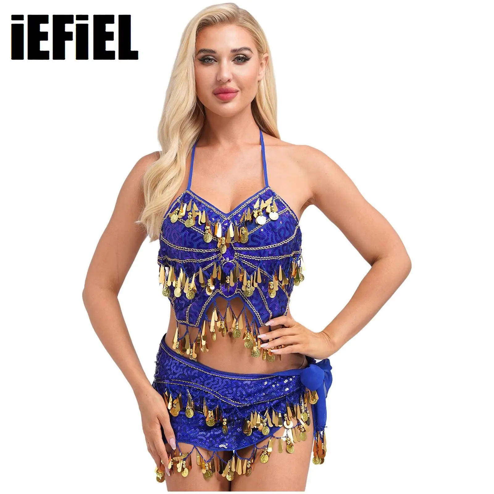 

Womens Sequins Belly Dance Outfit Dancewear Irregular Camisole Crop Top with Plastic Beads Tassels Waist Chain Hip Scarf