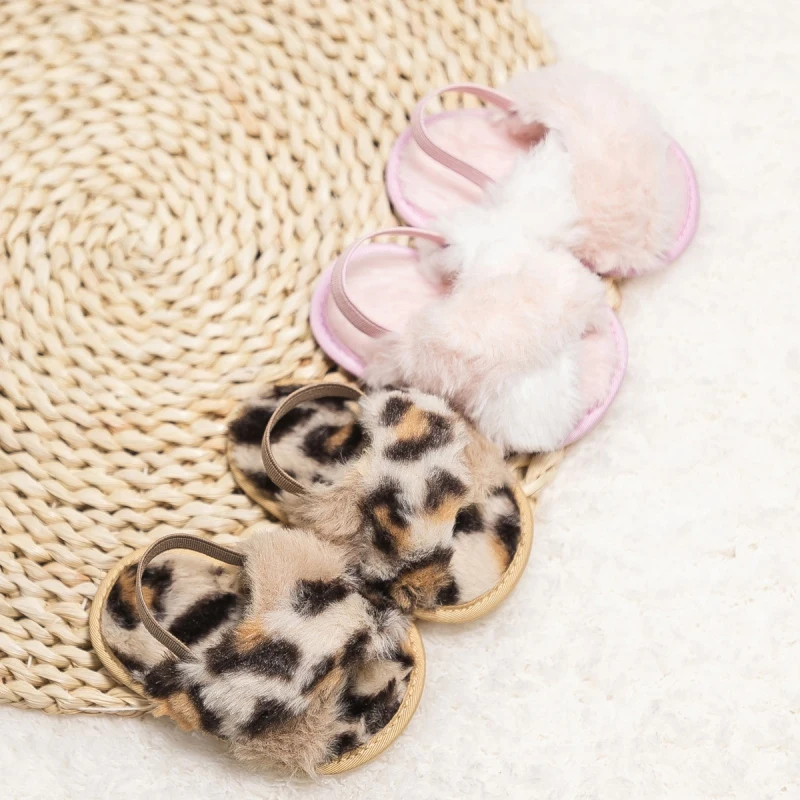 0-18M Infant First Walkers Slippers Baby Girl Leopard Plush Faux Fur Slides Sandals Newborn Non Slip Shoes Indoor Outdoor Sandal