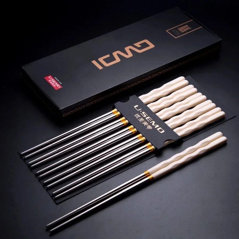 5 par/set palillos reutilizables antideslizantes de acero inoxidable vajilla comedor palillos japoneses palitos de comida para Sushi