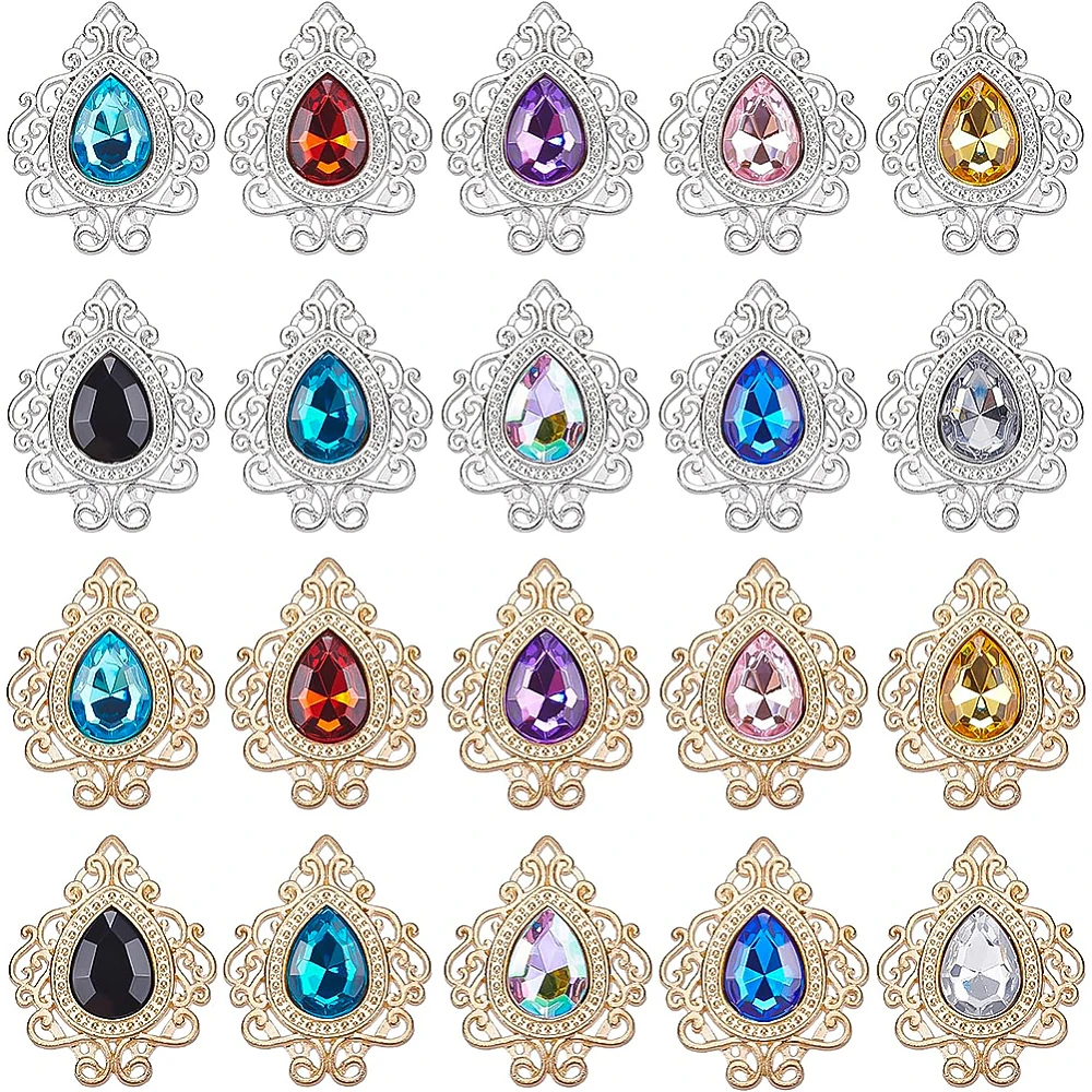 

40Pcs 20 Style Zinc Alloy Cabochons with Faceted Acrylic Rhinestone Teardrop Mixed Color 32.5x26.5x5mm Hole: 1.2mm 2pcs/style
