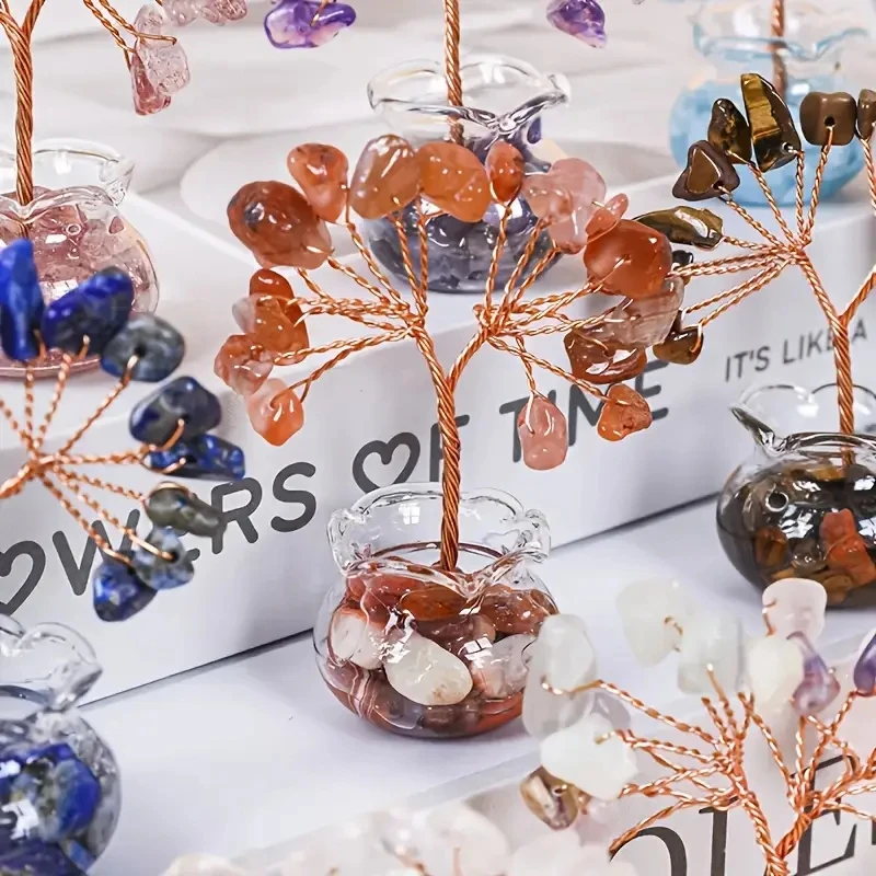 7 قطع شجرة كريستال صغيرة مصنوعة يدويًا من الأحجار الطبيعية المطحونة ديكورات منزلية رائعة، هدايا عيد الحب، مشغولات كريستال