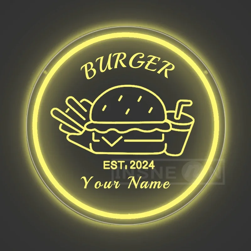 

Customized Burger Neon Sign - USB-Powered LED Wall Art with Your Name Perfect for Restaurants, Diners, Offices, and Home Bars