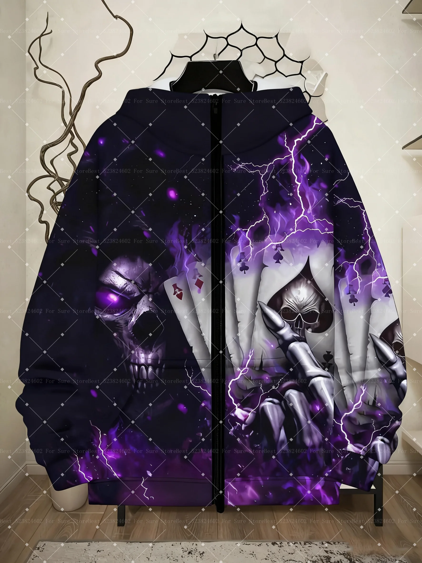 سترة رجالية مقاس كبير ثلاثية الأبعاد مطبوعة بسحاب كامل مع جمجمة قوطية أرجوانية البرق ملابس علوية شديدة التحمل سترة نسائية بغطاء للرأس للأطفال #3