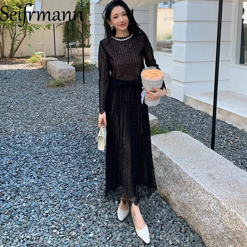 

Seifrmann 2026 Spring Women's New Fashion Round Neck Long Sleeve Nail Beaded Lace Top+Half Skirt Two Piece Set