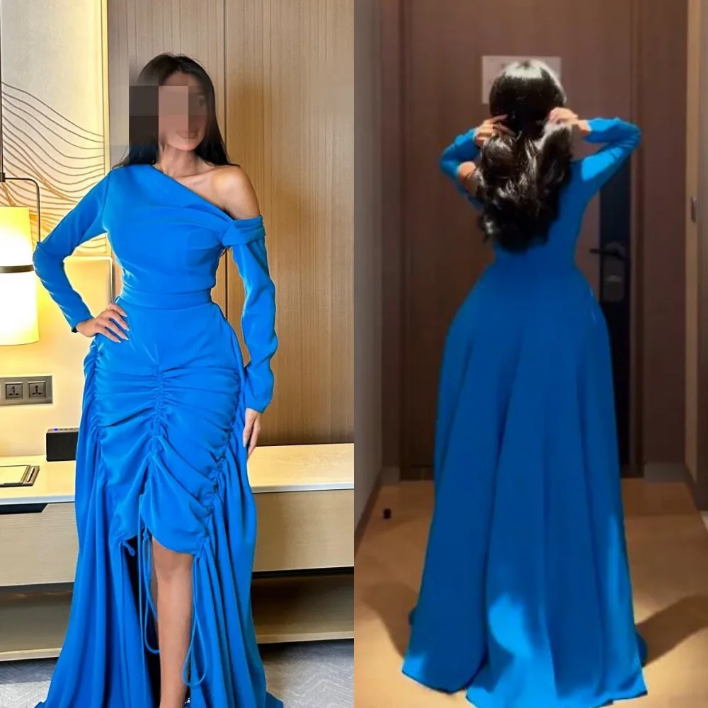 

Jersey Draped Pleat Ruched Graduation A-line Off-the-shoulder Bespoke Occasion Gown Long Dresses