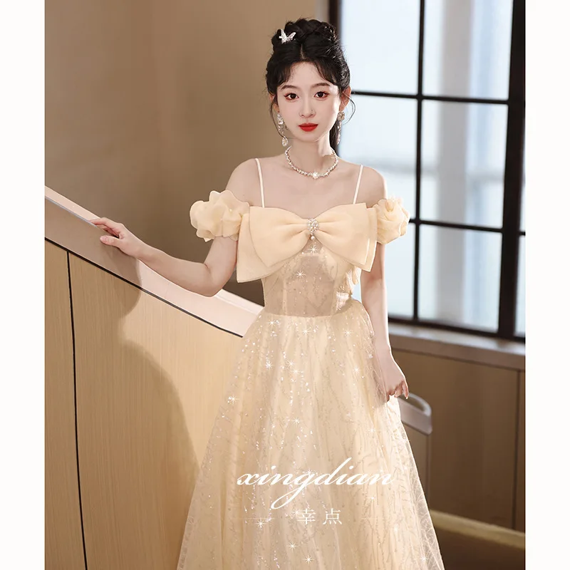 

Youth Graduation Evening Dress Women's Light Luxury Niche High-end Bow High School Students Suspender Sequined Princess Dress