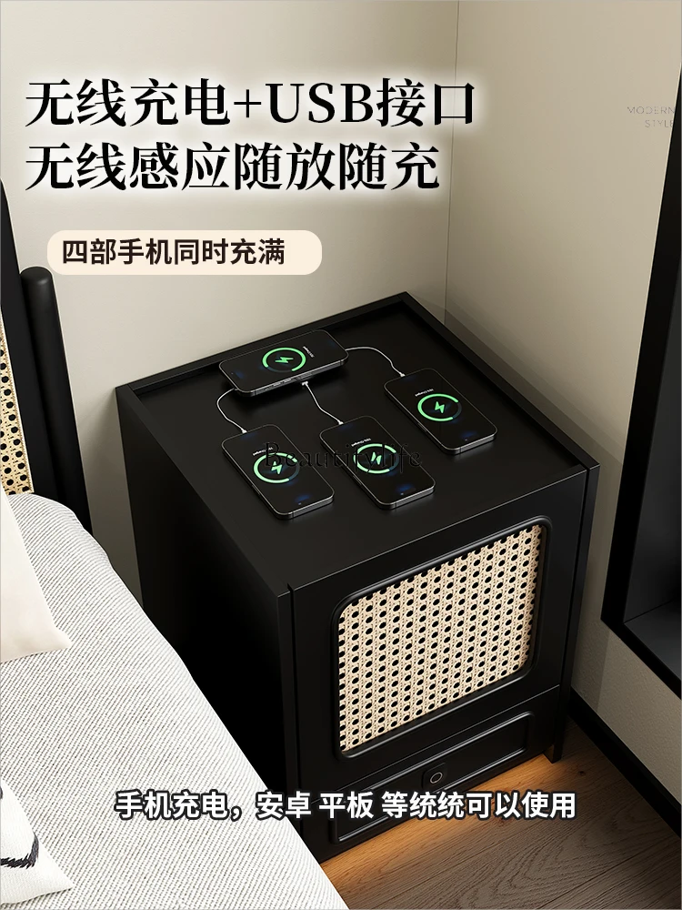 Table de Rangement Intelligente Rétro en Rotin Noir, Meuble Simple, Moderne, Médiéval, Multifonctionnel avec Serrure