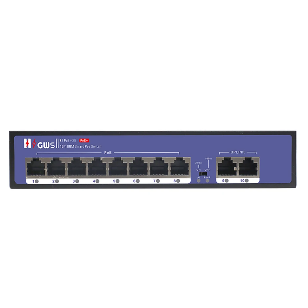 CCTV 10*100M Ports PoE with Gigabit Uplink RJ45 Port Unmanaged Smart AI PoE Switch IEEE 802.3 Af/At PoE Standard