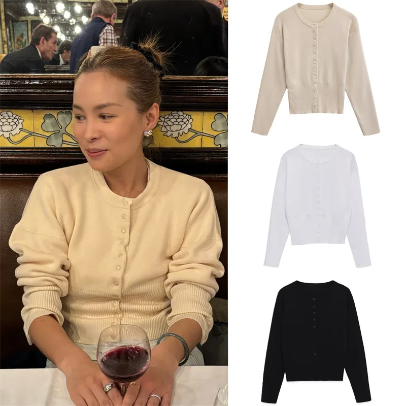 

Женская куртка, осень 2024, новый стиль, однотонный простой вязаный кардиган с длинными рукавами, элегантная повседневная мода