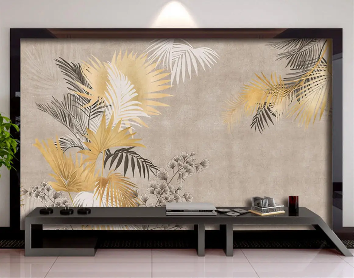 Custom wallpaper light luxury feather gold plant relief lines leaf TV background home decoration bedroom mural 3d wallpaper