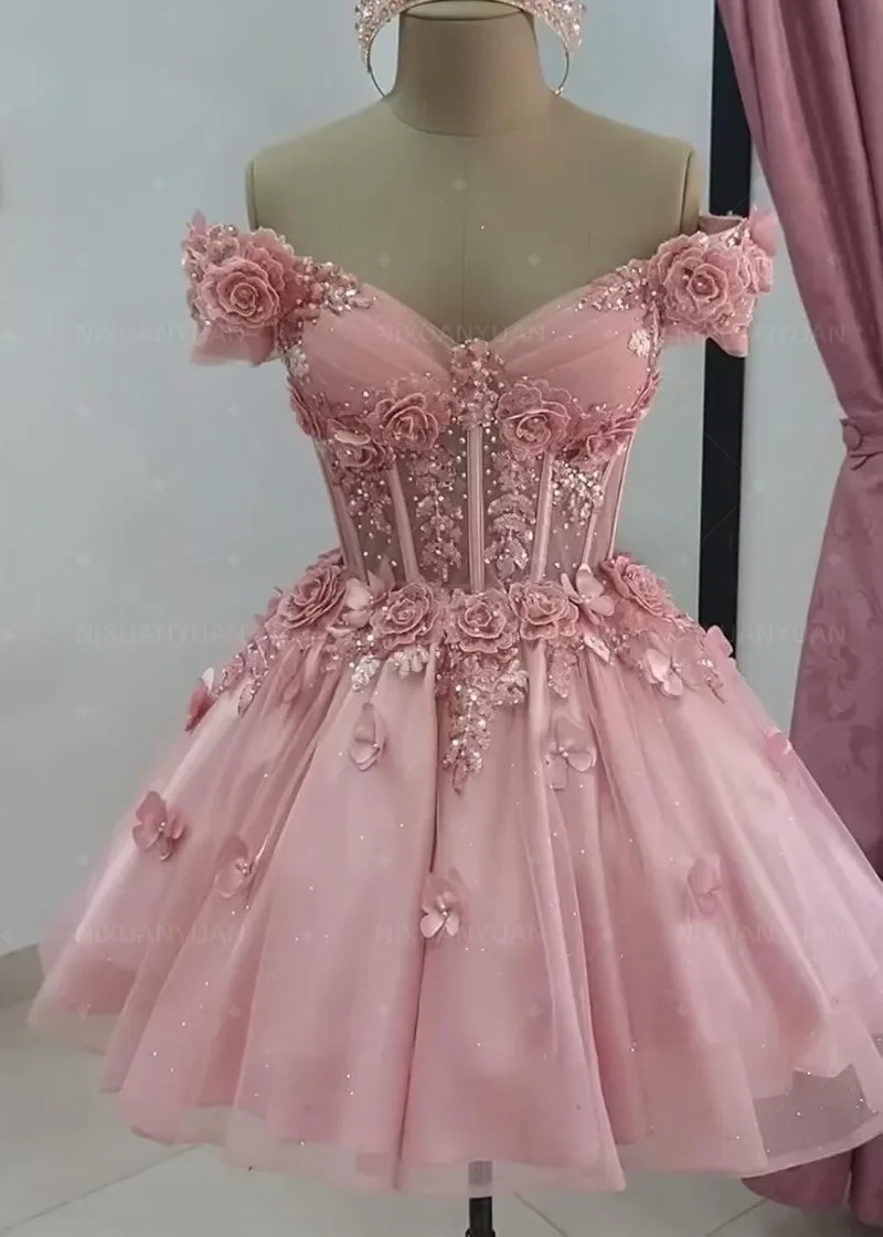 Shiny Tulle Homecoming Dress Cocktail Wedding Guest Gown 2026 Off Shoulder Short Prom Dress Custom