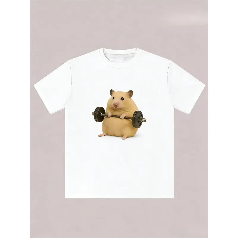 Barbell Hamster Printed T-shirt Fun Women's Home Clothes and Fitness Clothes Large Size Neutral Round Neck T-shirt