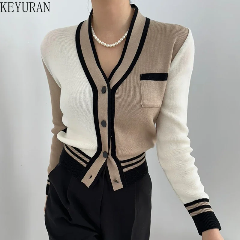 Korean Chic Striped Patchwork Knitted Cardigan Sweater for Women Spring Autunm Slim V-Neck Long Sleeve Knitwear Crop Tops Jumper