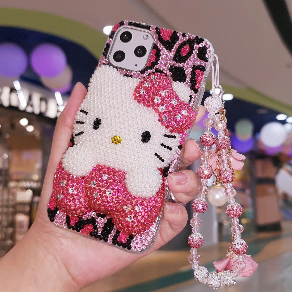 

Kawaii Hello kitty mobile phone case For iPhone16Pro max 14plus rhinestone leopard print 3D cartoon 11 case 13 anti-drop female