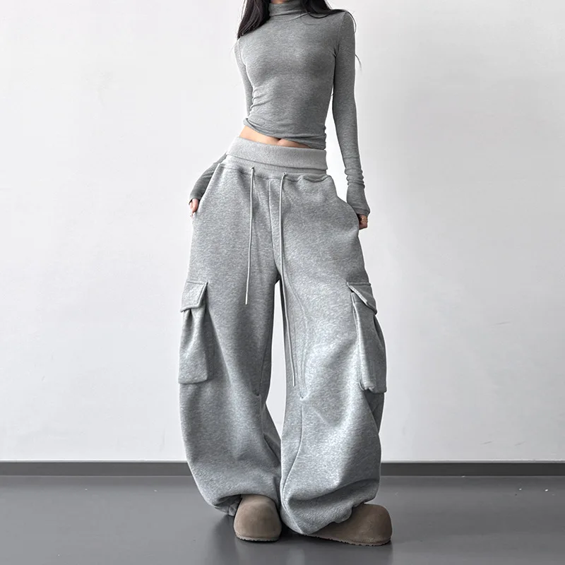 

Hot Girl Versatile Pocket Wide Leg Pants Women's 2026 Autumn and Winter New American Style High Waisted Sports Pants Overalls