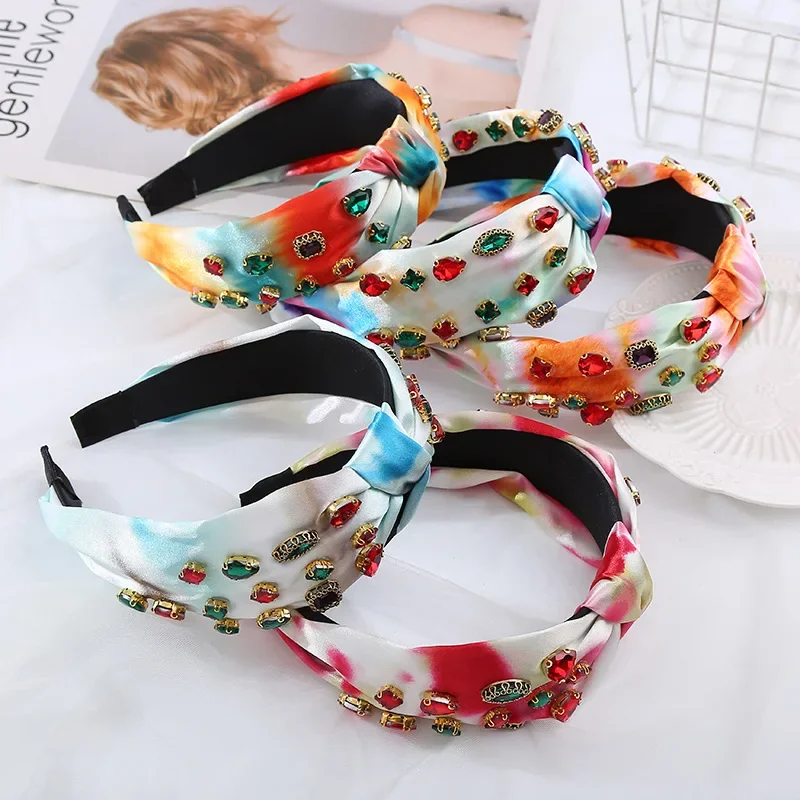 

Tie Dye Satin Knotted Headband Rainbow Watercolor Print Hairband Multi Color Rhinestone Turban Bohemian Holiday Hairwear