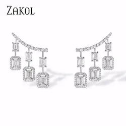 ZAKOL Mode Zilveren Kleur Kwastje Oorbellen voor Vrouwen Vierkante Kubieke Zirkoon Meisje Partij Sieraden