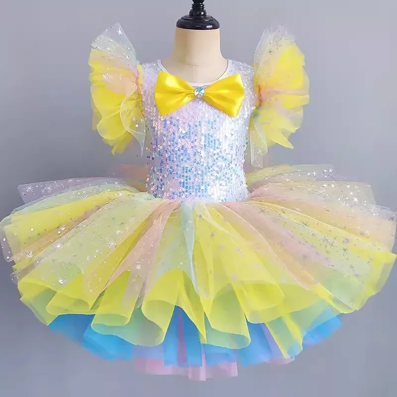 Ropa de salón para niños, vestido de tutú de baile moderno con lentejuelas de encaje rosa, vestidos de baile de Jazz para niñas, ropa de escenario para niños, vestido de princesa