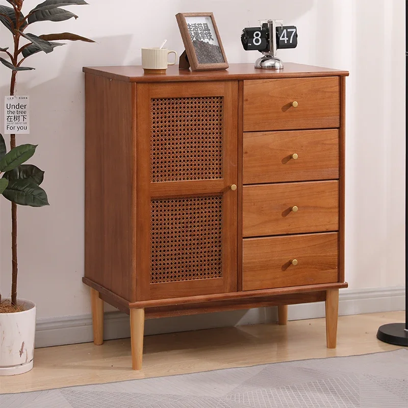 Bucket cabinet solid wood modern simple Japanese storage locker bedroom living room wall small cabinet woven rattan chest of dra