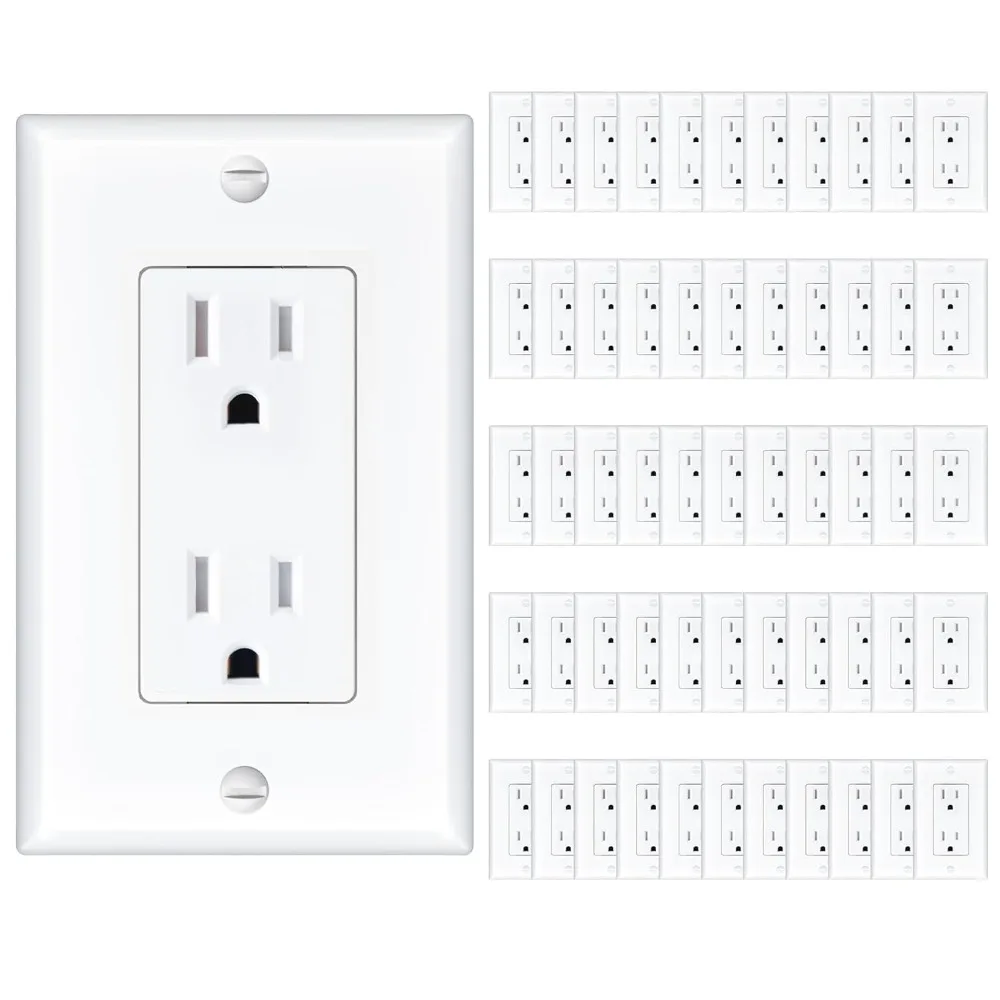 

50 Pack Tamper Resistant Electrical Outlet 15A Decorator Receptacle with Wall Plate UL Listed 125V 1875W White for Home