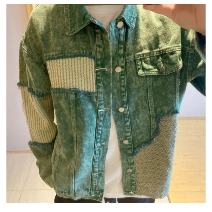 Male Jean Coats Spliced Geometric Autumn Men's Denim Jacket Green American Retro Autumn Denim Jacket Korean Fashion Y2K Clothes