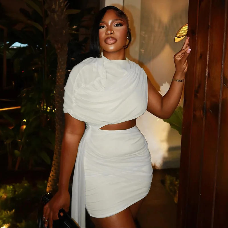 STYLISH LADY Elegant OL White Dress 2025 Autumn Women Short Sleeve O Neck Cut Out Bodycon Draped Mini Dress with Ribbons