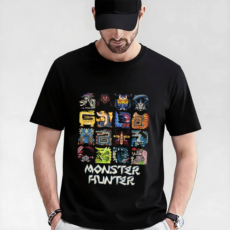 

Monster hunter world Symbols Black gift t shirt for men 0316 Cartoon Video game MHW Graphic Tee Y2K Clothes All size tops S-6XL