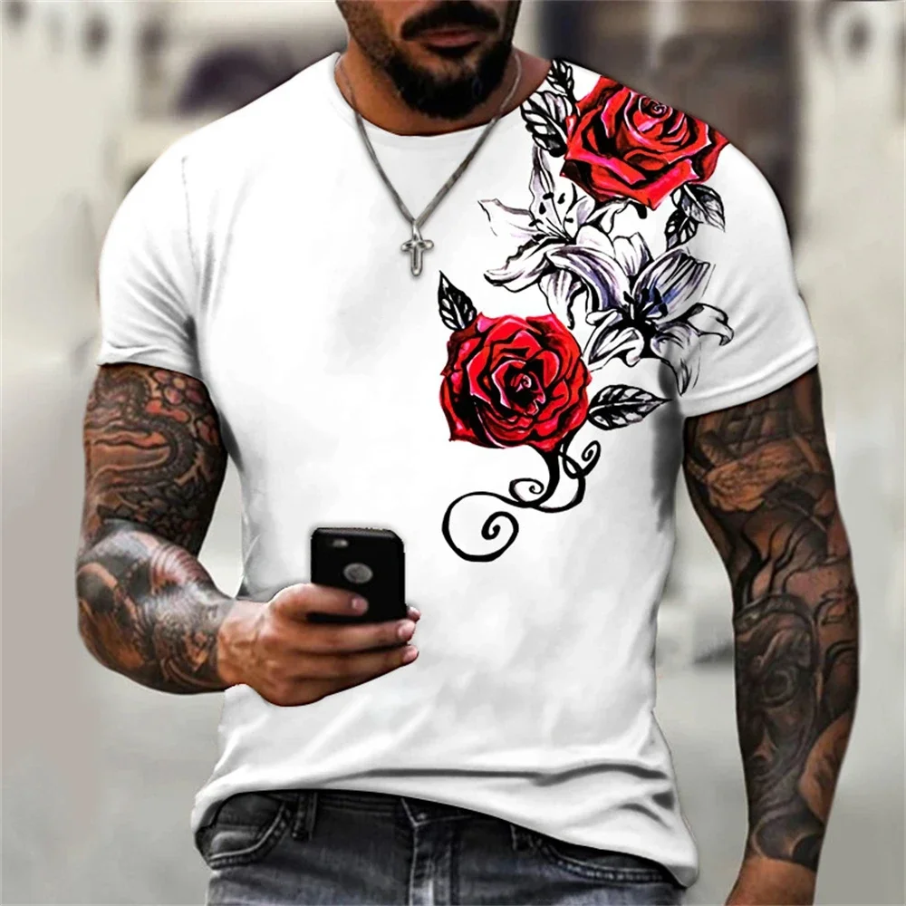 

Summer Men T-shirt 3D Graphic Bright Rose Print Vintage T Shirt Men Women Tshirt Casual Short Sleeve O-neck Streetwear