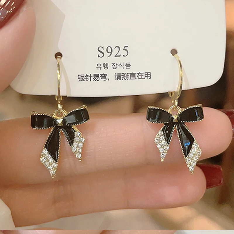 Black Enamel Oil Crystal Bow Drop Earrings for Women New Trendy Round Hoop Earrings Wedding Party Elegant Golden Color Jewelry