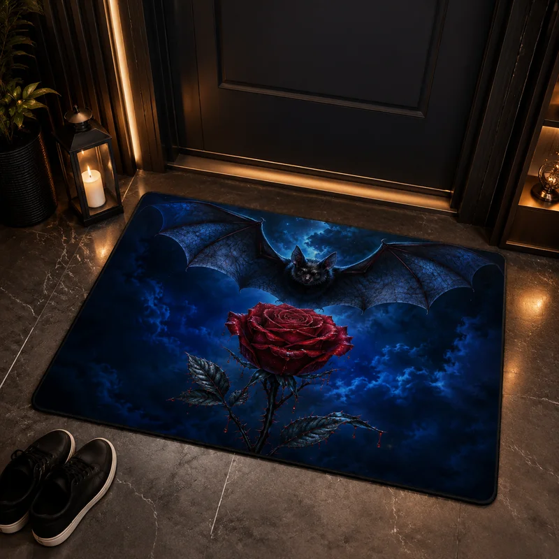 VIKAMA Gothic Bat Doormat, Non-Slip Easy Clean Rug, Spooky Halloween Party Decoration, Dark Aesthetic Entryway Mat, Home Decor