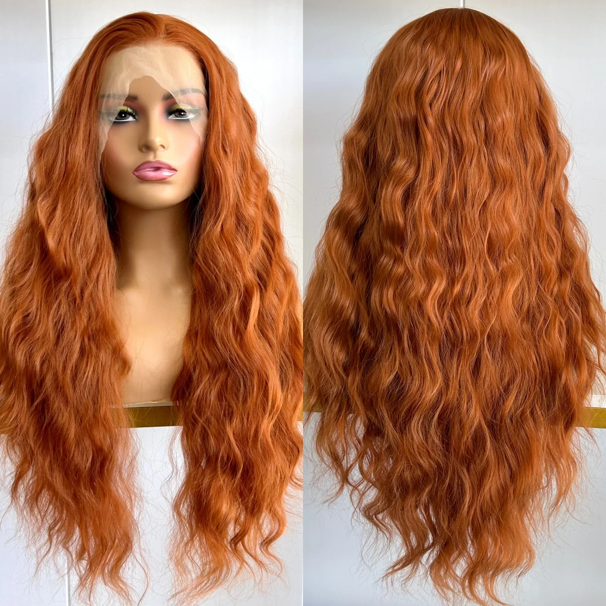 Ginger Orange Long Body Wave Synthetic Wigs 13x4 Lace Frontal Auburn Brown Colored Heat Resistant for Women Daily Party Cosplay