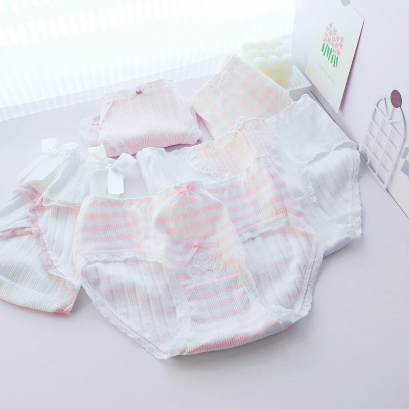 الحلو لطيف الوردي الدانتيل شريط سراويل النساء لوليتا مثير القطن السروال الفتيات منتصف الخصر موضة سلس ملخصات الملابس الداخلية