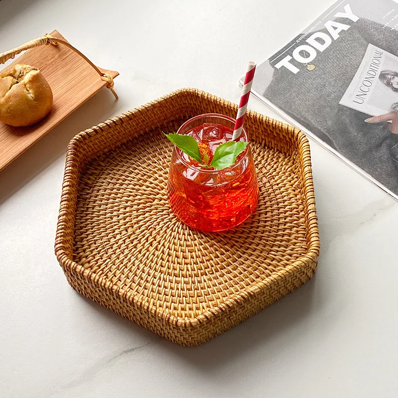 

Handmade rattan hexagonal storage plate, living room dried fruit coffee sushi Dim sum picnic fruit basket restaurant food plate