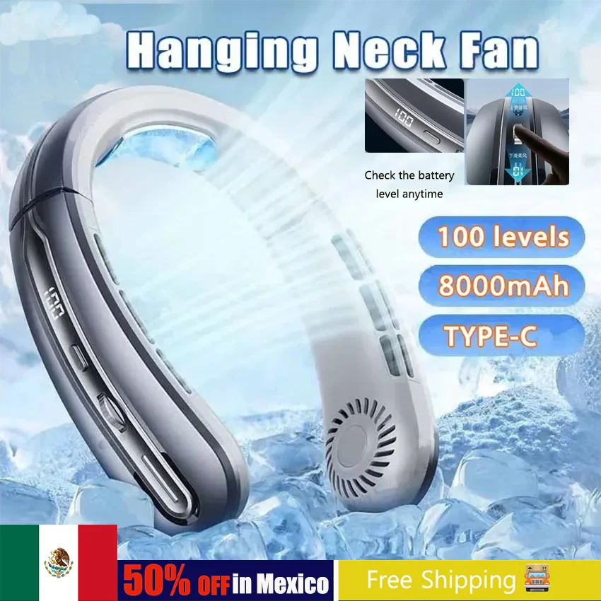 

8000mAh Portable Hanging Neck Fan Bladeless Fan Air Conditioner Type-C USB LED Digital Display High Power Electric Fans 2024 New