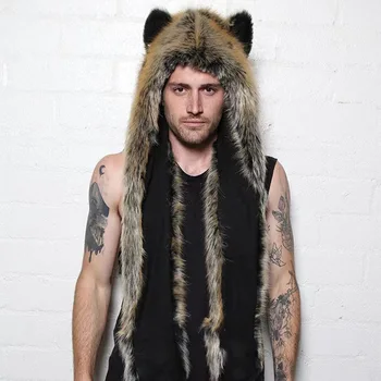 Wolf Faux Fur Winter Hat Scarf Mittens 1