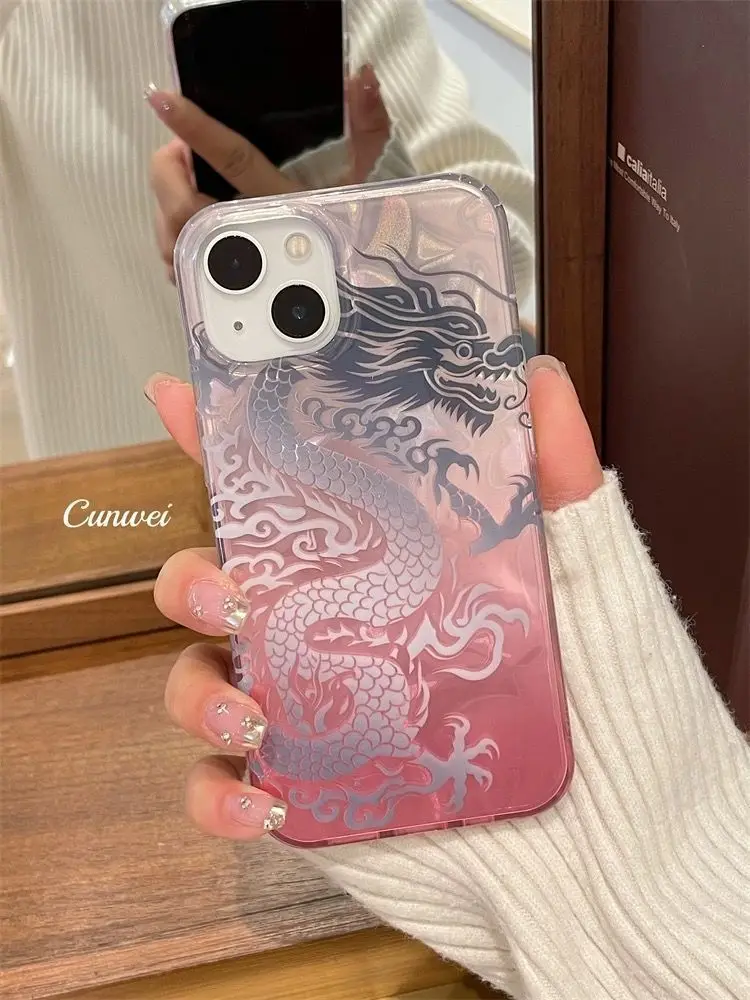 Pink Gradient Chinese Loong Pattern Phone Case For iPhone 17 16 15 14 13 12 11Pro Max XR XS MAX 78PLUS Air INS Shake Proof Cover