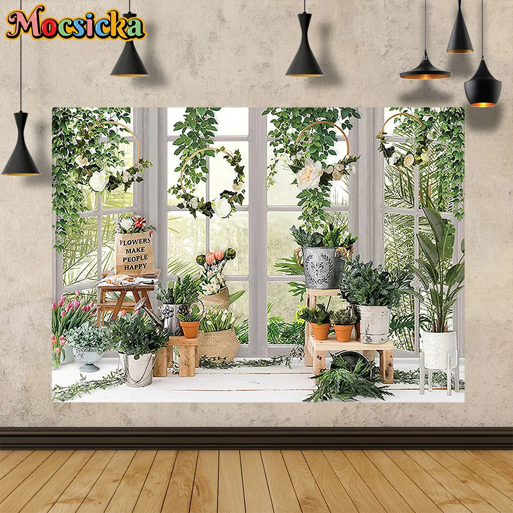 

Mocsicka Studio Wedding Floral Garden Prop Background White Window Decoration Photography Backdrop Green Leaf Banner Baby Photo