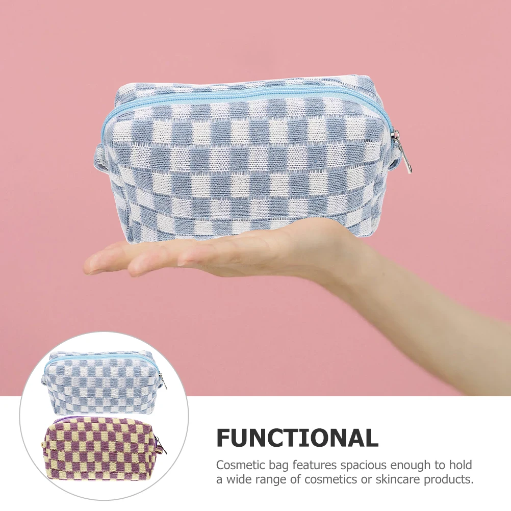 

2pcs Checkered Bag Kawaii Makeup Travel Plaid Blue White Yellow Purple Grid Large Capacity Wool Zipper Pouch ganizing