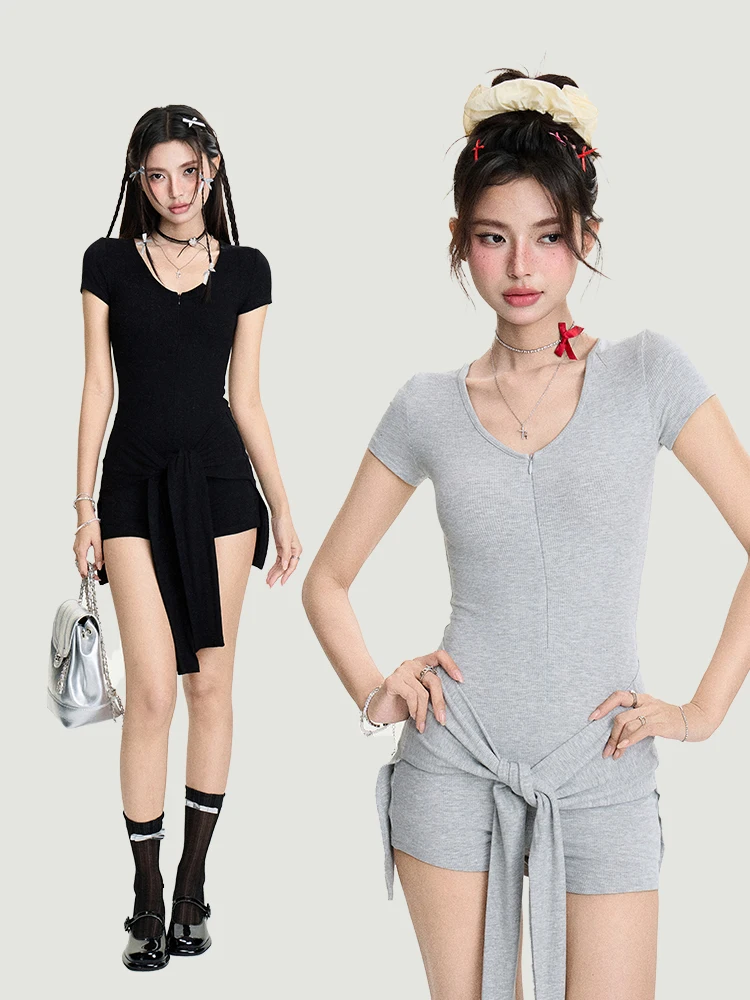 

White Little Fi Sweet Spicy Girl Zipper V-ne f Open T-irt Women Pure Desire Slim Waist Belted ort Sve Top