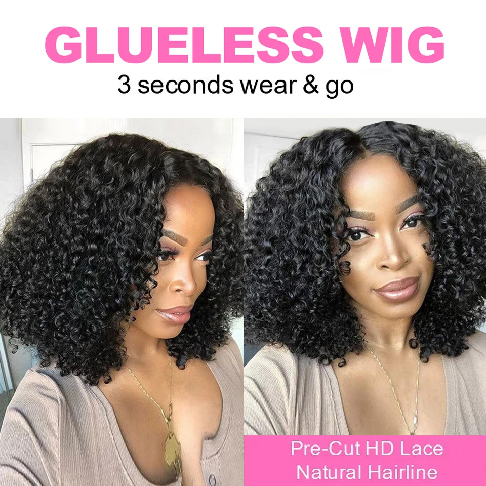 Wear Go Glueless Wig Indian Kinky Curly Short Bob 4x4 Glueless Wig Human Hair Ready To Wear Pre Plucked Wig Pre Bleached Knots