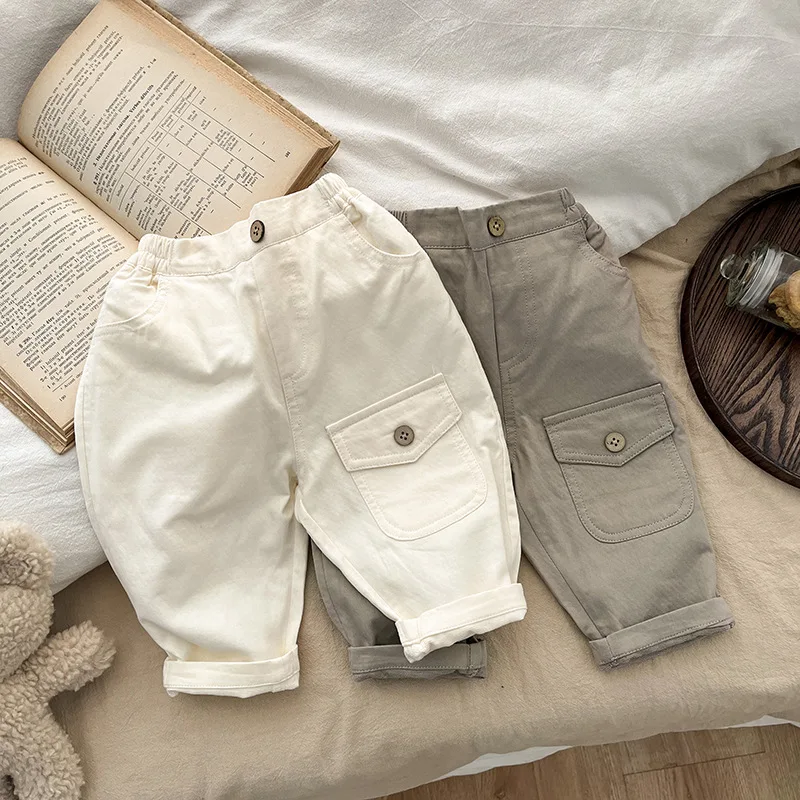 Ins 2024 Korean Spring Autumn Baby Boys Pants Cotton Individual Loose Infant Boys Trousers Versatile Pocket Toddler Boys Pants