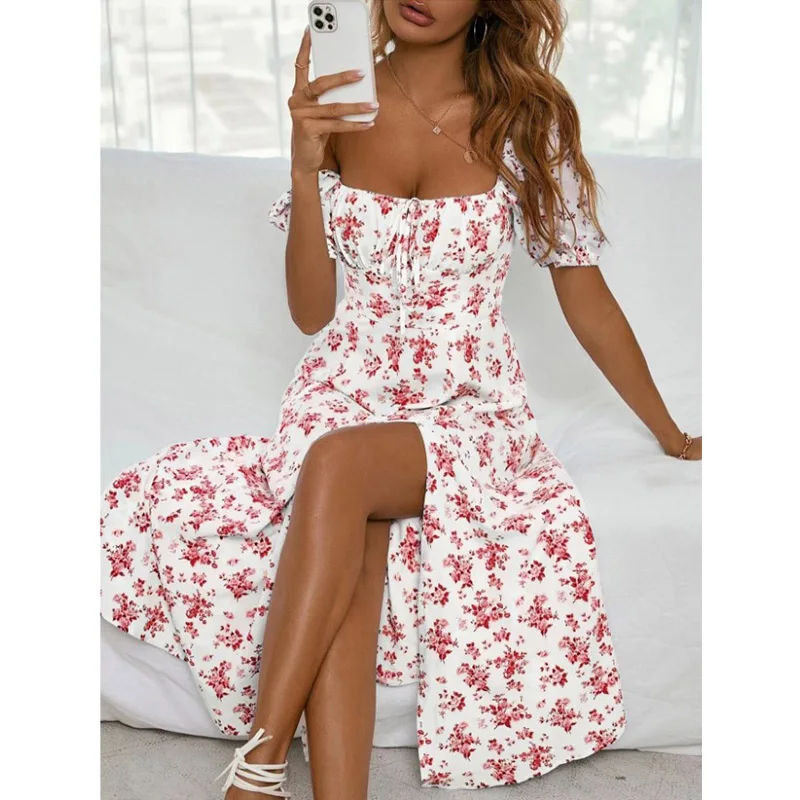 Floral Print Puff Sleeve Ruched Bust Slit Dress Women Square Neck High Waist A-line Long Dresses Elegant Ladies Summer Sexy Robe