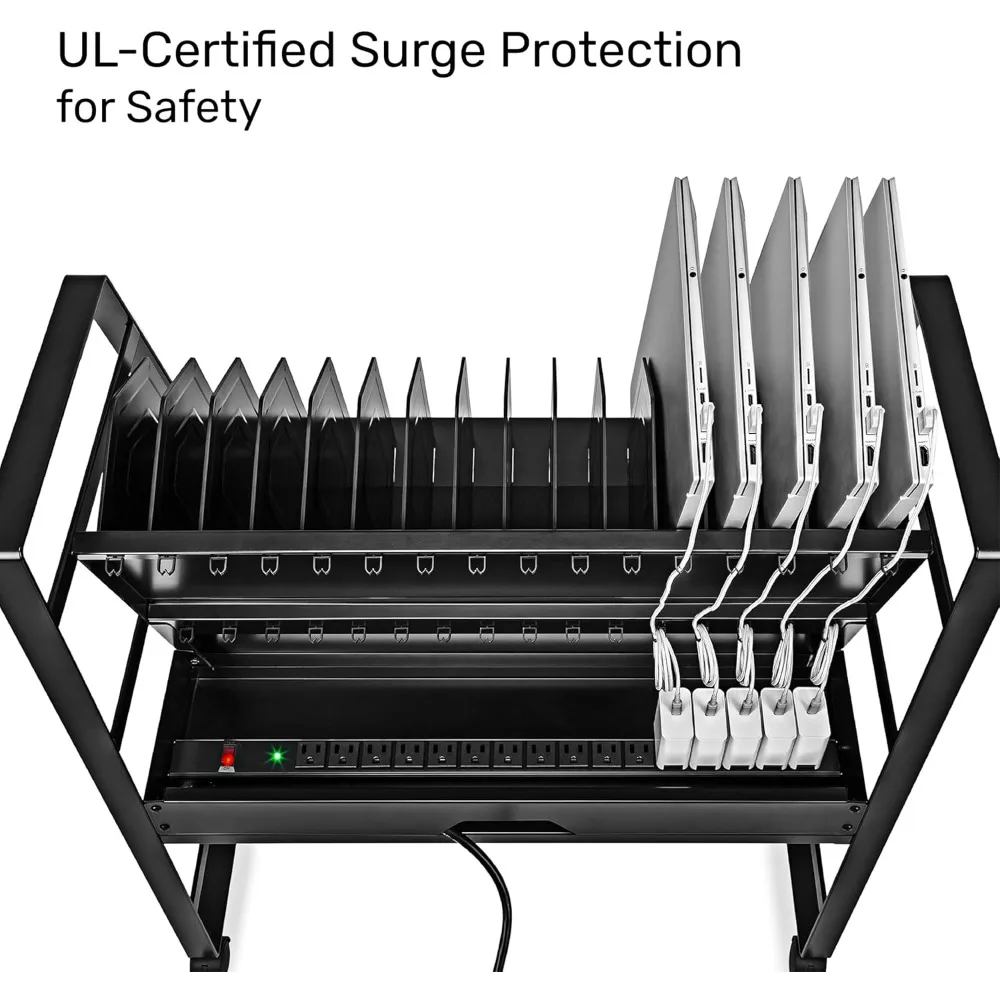 عربة محطة شحن متنقلة لـ 16 جهازًا لأجهزة الكمبيوتر المحمول والأجهزة اللوحية وأجهزة Chromebooks بتصميم مفتوح مع فواصل للحماية من زيادة التيار المحمولة