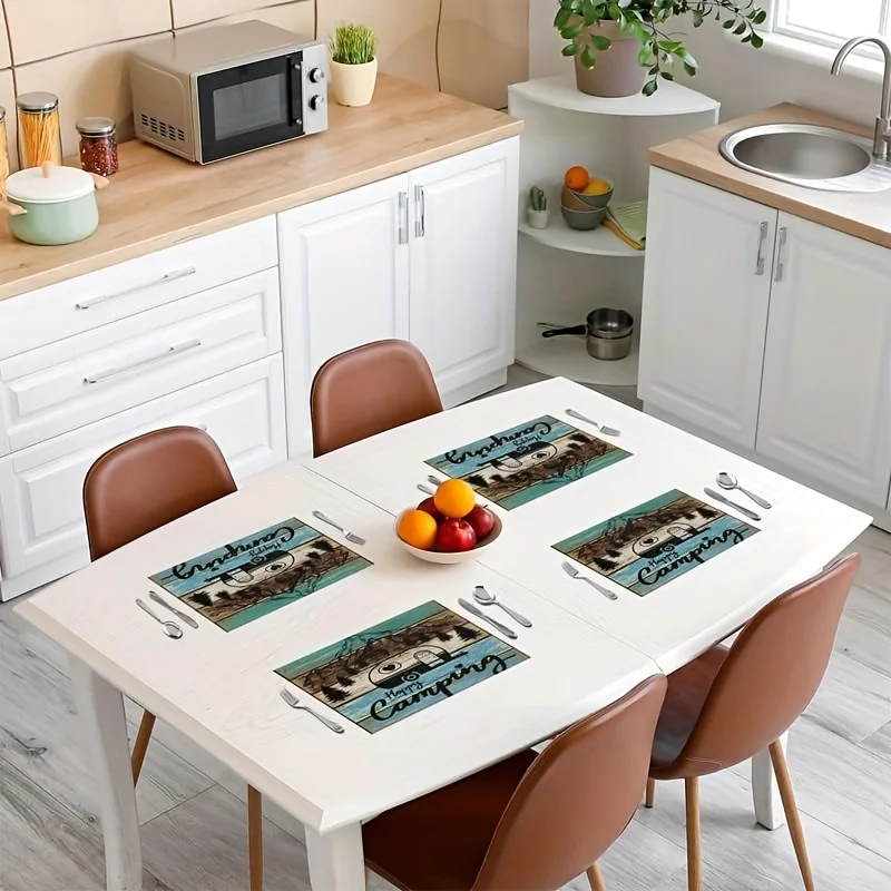 Camper Kitchen Party Table Mats Happy Camping Table Place Mats  Car Wood Grain Placemats for Dining Table12x18 Inch