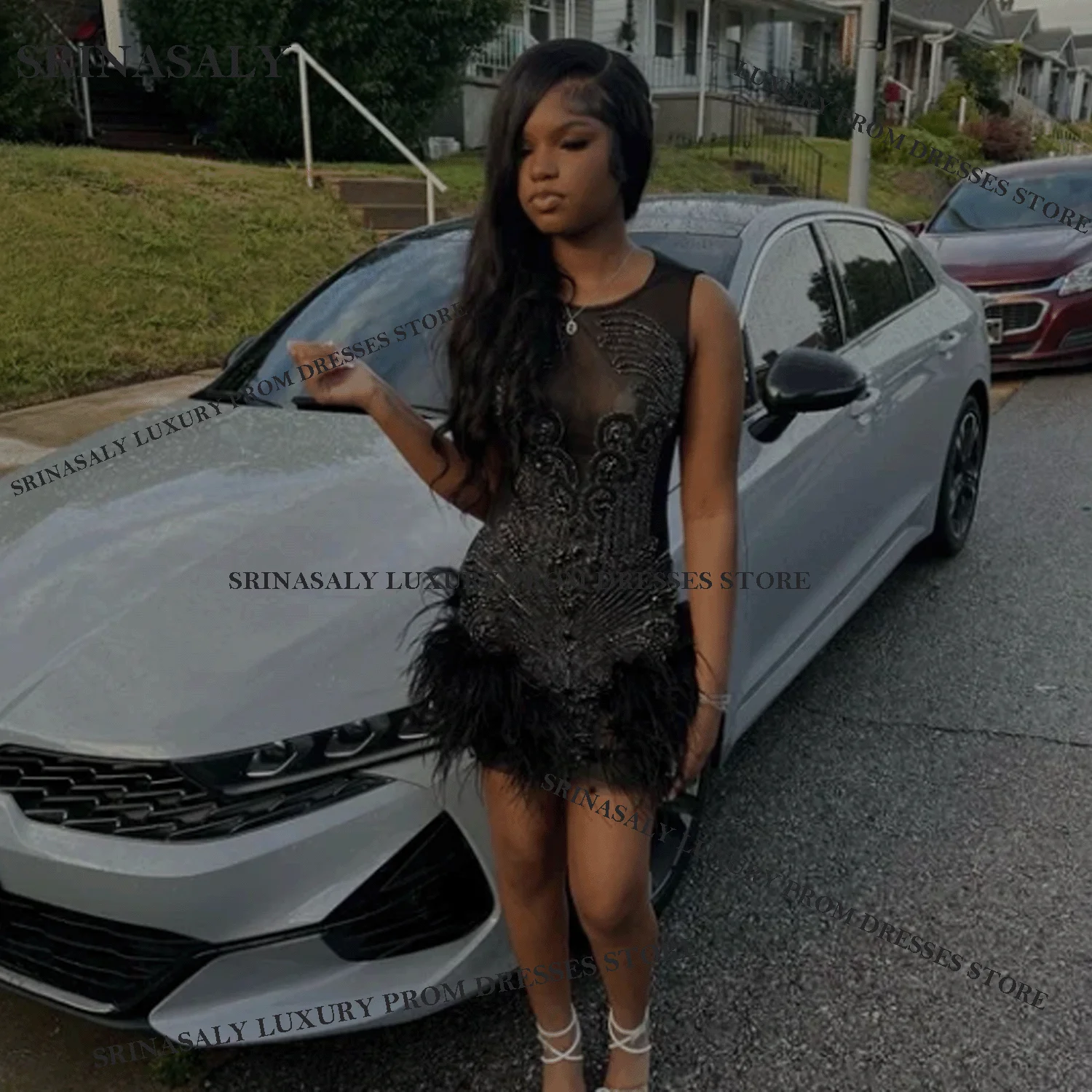 Elegant Formal Diamond Short Prom Dress Customized With Tail Birthday Party Dress Mini Homecoming Cocktail Dress For Black Girls