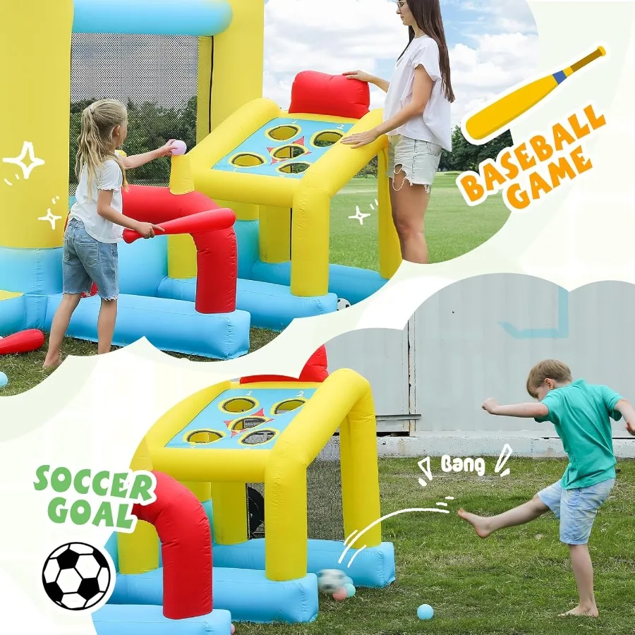 Maison gonflable de rebond, maison gonflable 7 en 1 avec souffleur, maison de rebond pour enfants avec toboggan, zone de saut, zone de baseball/football, panier
