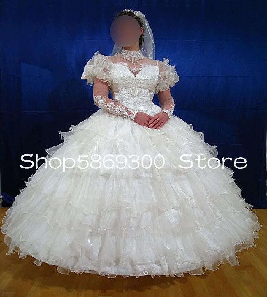 Victorian history Wedding Dresses With Tiered Ruffle skirt Long Sleeve lace-up corset Bride Dress garment customsized