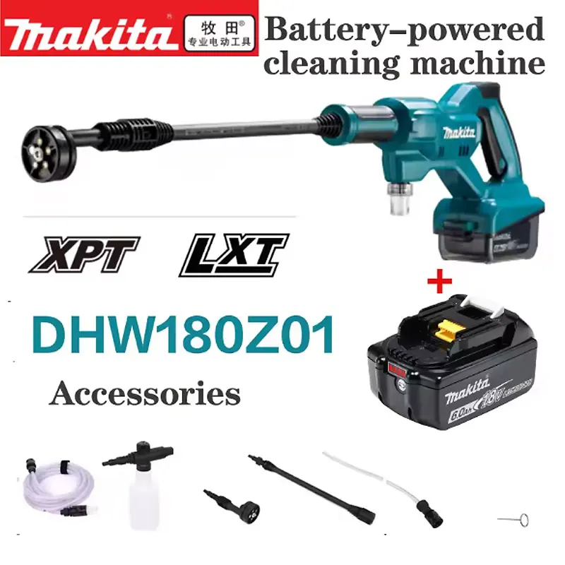 Makita DHW180 Accu Hogedrukreiniger 2026 nieuw model, 18V draadloos, draagbaar reinigingsapparaat, hoge doorstroming, krachtig gereedschap