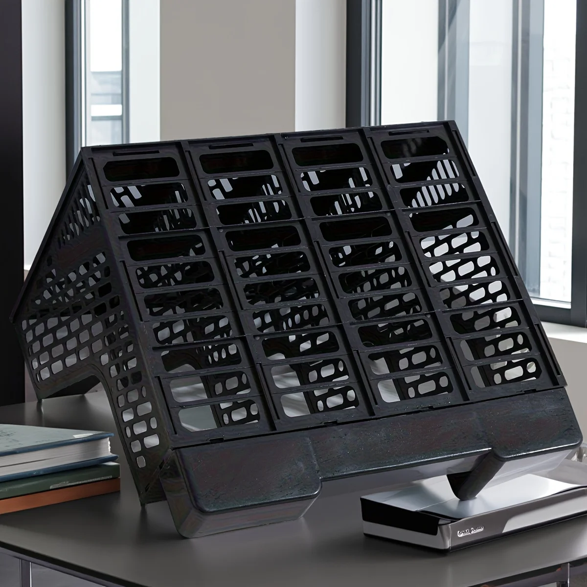 Magazine File Holder Rack/Vertical Desktop File Organizer - Plastic Desk Organizer for Files, Folders, Books - 4 Compartment